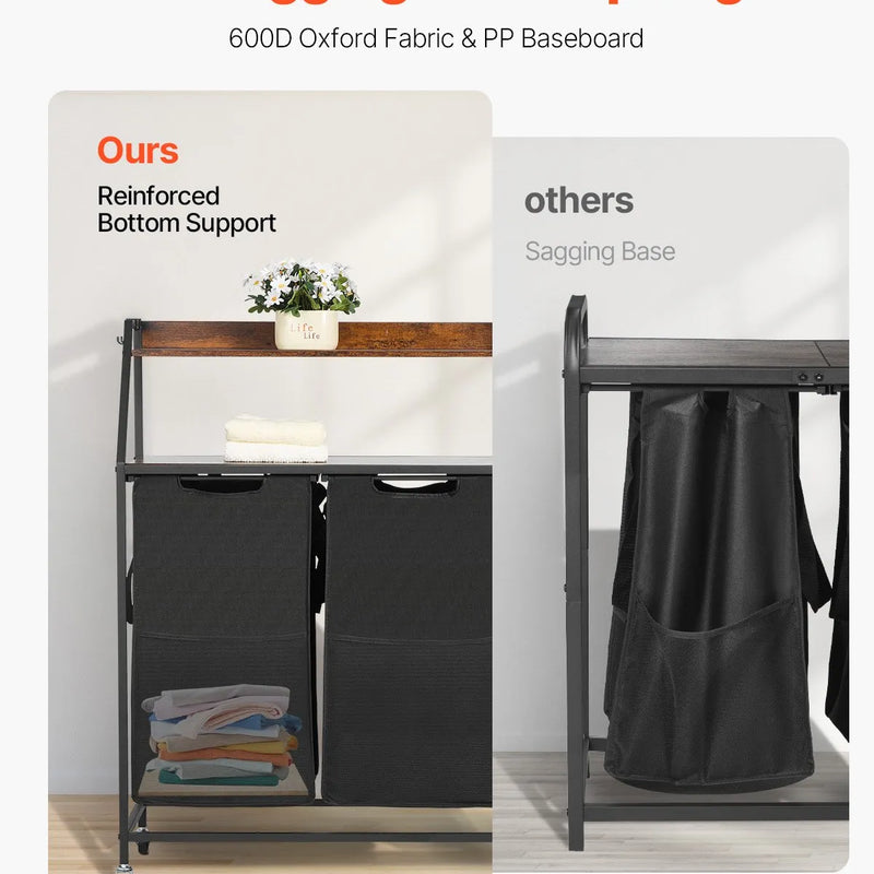 2 līmeņu veļas šķirotājs, augsts veļas grozs ar metāla rāmi un koka virsmu, 3 nodalījumu ripojošs grozu organizators ar kāpņu tipa plauktiem un 600D oksforda auduma maisiem netīrajai veļai