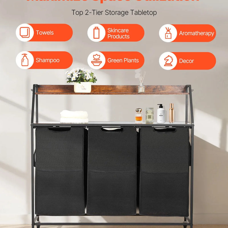 2 līmeņu veļas šķirotājs, augsts veļas grozs ar metāla rāmi un koka virsmu, 3 nodalījumu ripojošs grozu organizators ar kāpņu tipa plauktiem un 600D oksforda auduma maisiem netīrajai veļai