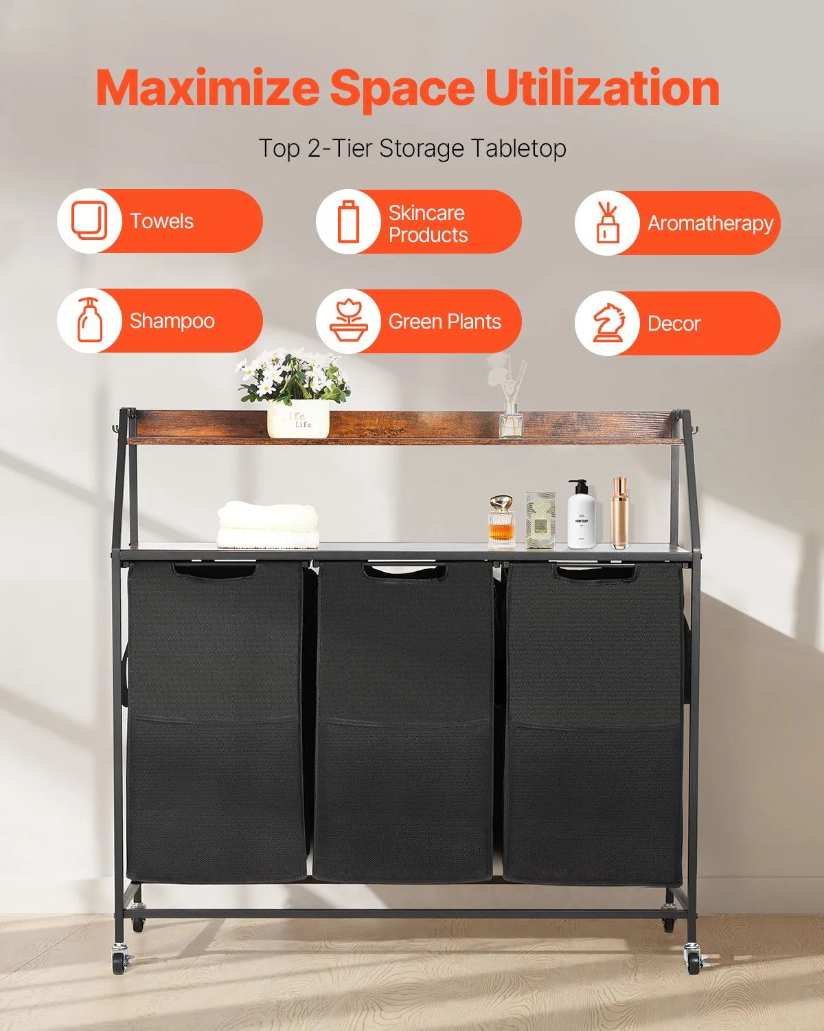 2-Tier Laundry Sorter, Tall Laundry Basket with Metal Frame and Wood Top, 3-Compartment Rolling Basket Organiser with Stair-Step Shelves and 600D Oxford Fabric Bags for Dirty Laundry