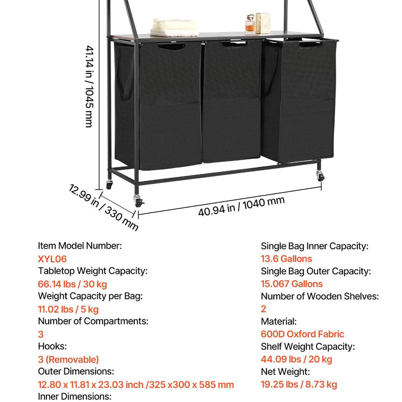 2 līmeņu veļas šķirotājs, augsts veļas grozs ar metāla rāmi un koka virsmu, 3 nodalījumu ripojošs grozu organizators ar kāpņu tipa plauktiem un 600D oksforda auduma maisiem netīrajai veļai