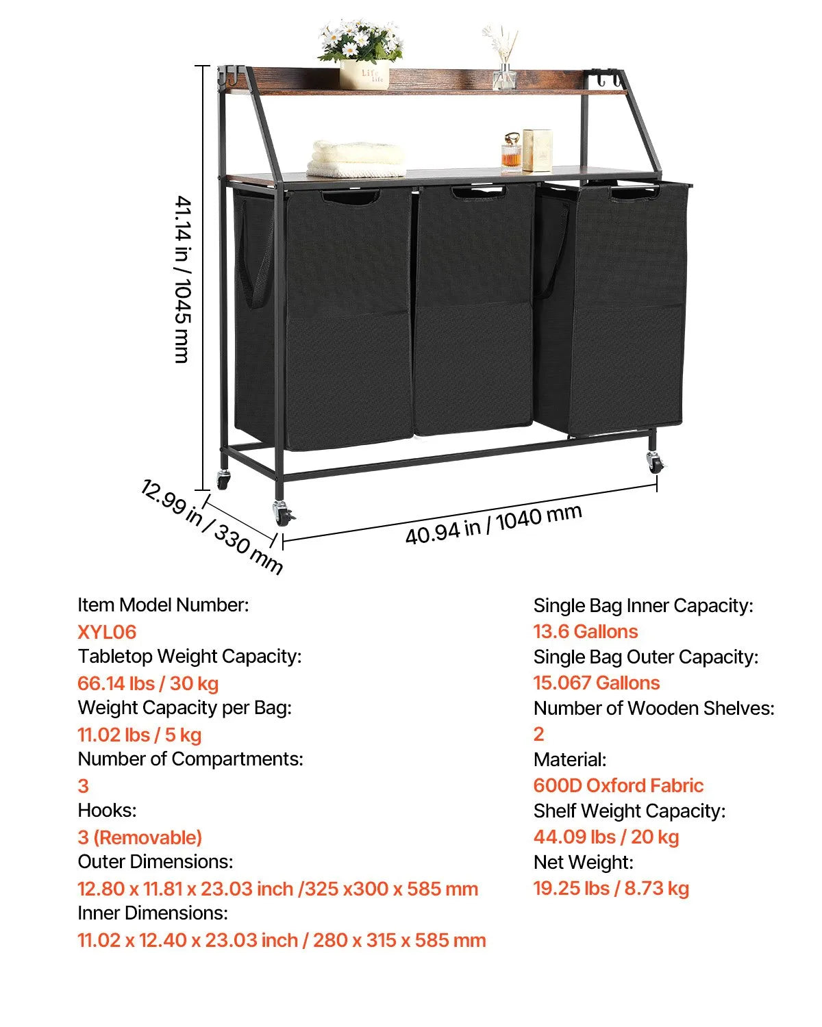 2-Tier Laundry Sorter, Tall Laundry Basket with Metal Frame and Wood Top, 3-Compartment Rolling Basket Organiser with Stair-Step Shelves and 600D Oxford Fabric Bags for Dirty Laundry