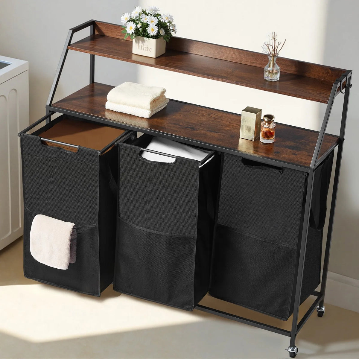 2-Tier Laundry Sorter, Tall Laundry Basket with Metal Frame and Wood Top, 3-Compartment Rolling Basket Organiser with Stair-Step Shelves and 600D Oxford Fabric Bags for Dirty Laundry