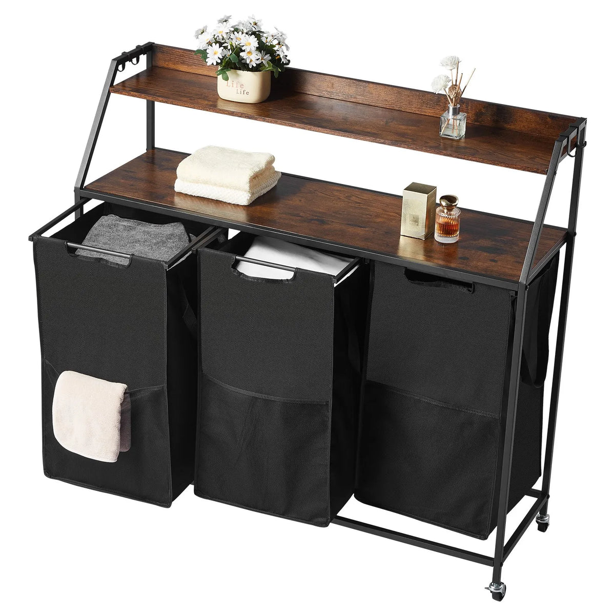 2-Tier Laundry Sorter, Tall Laundry Basket with Metal Frame and Wood Top, 3-Compartment Rolling Basket Organiser with Stair-Step Shelves and 600D Oxford Fabric Bags for Dirty Laundry
