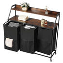 2 līmeņu veļas šķirotājs, augsts veļas grozs ar metāla rāmi un koka virsmu, 3 nodalījumu ripojošs grozu organizators ar kāpņu tipa plauktiem un 600D oksforda auduma maisiem netīrajai veļai