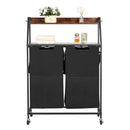 2 līmeņu veļas šķirotājs, augsts veļas grozs ar metāla rāmi un koka virsmu, 2 nodalījumu ripojošs grozu organizators ar kāpņu tipa plauktiem un 600D oksforda auduma maisiem netīrajai veļai