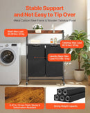 2 līmeņu veļas šķirotājs, augsts veļas grozs ar metāla rāmi un koka virsmu, 2 nodalījumu ripojošs grozu organizators ar kāpņu tipa plauktiem un 600D oksforda auduma maisiem netīrajai veļai