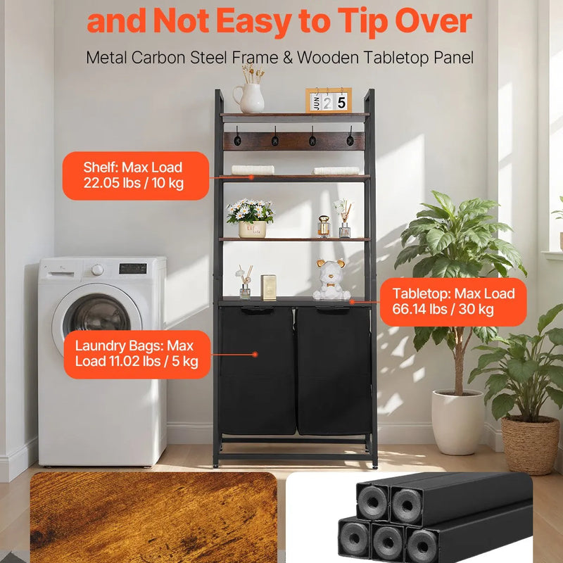 4 līmeņu veļas šķirotājs ar plauktiem un āķiem, 2 nodalījumi, 600D oksforda auduma maisi, kāpņu tipa plaukti