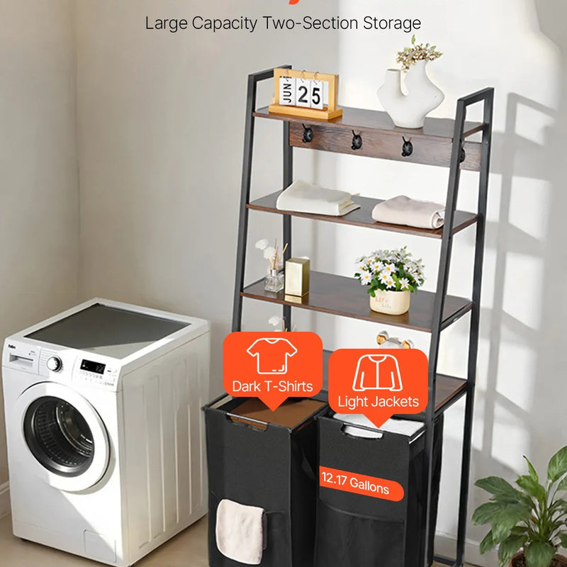 4 līmeņu veļas šķirotājs ar plauktiem un āķiem, 2 nodalījumi, 600D oksforda auduma maisi, kāpņu tipa plaukti