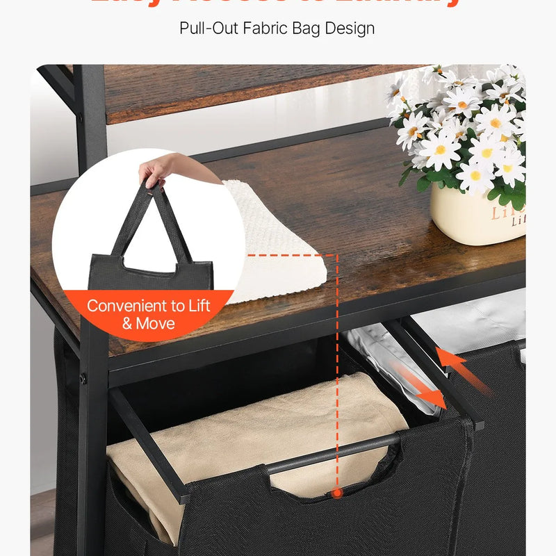 4 līmeņu veļas šķirotājs ar plauktiem un āķiem, 2 nodalījumi, 600D oksforda auduma maisi, kāpņu tipa plaukti