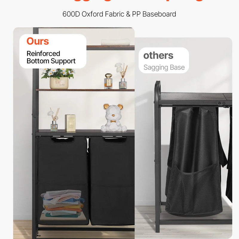 4 līmeņu veļas šķirotājs ar plauktiem un āķiem, 2 nodalījumi, 600D oksforda auduma maisi, kāpņu tipa plaukti