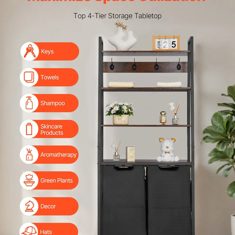 4 līmeņu veļas šķirotājs ar plauktiem un āķiem, 2 nodalījumi, 600D oksforda auduma maisi, kāpņu tipa plaukti