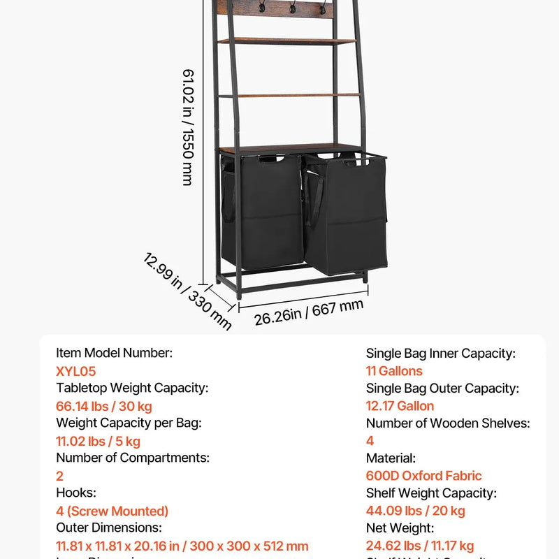 4 līmeņu veļas šķirotājs ar plauktiem un āķiem, 2 nodalījumi, 600D oksforda auduma maisi, kāpņu tipa plaukti