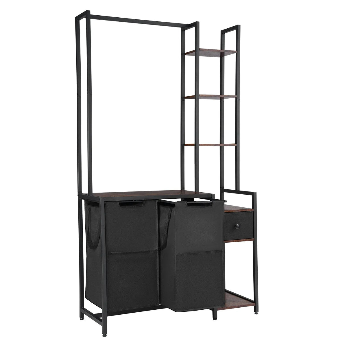 3-Tier Laundry Sorter with Shelf, 2 Compartments, with Drawers, 600D Oxford Fabric Bags, Stair-Type Shelves