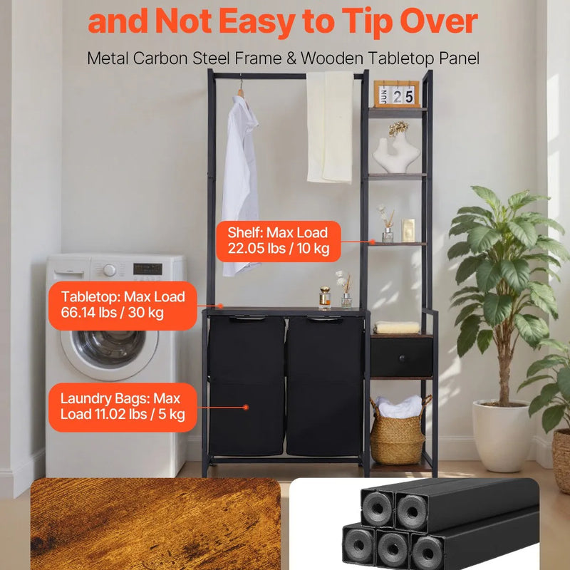 3 līmeņu veļas šķirotājs ar plauktu, 2 nodalījumi, ar atvilktnēm, 600D oksforda auduma maisi, kāpņu tipa plaukti