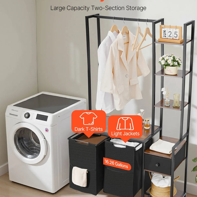 3 līmeņu veļas šķirotājs ar plauktu, 2 nodalījumi, ar atvilktnēm, 600D oksforda auduma maisi, kāpņu tipa plaukti