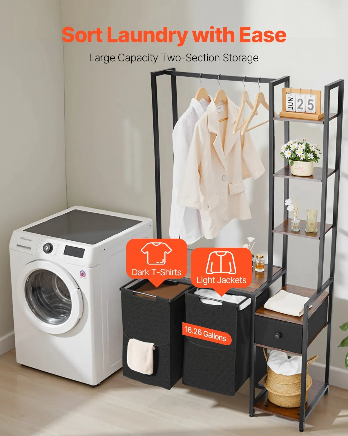 3-Tier Laundry Sorter with Shelf, 2 Compartments, with Drawers, 600D Oxford Fabric Bags, Stair-Type Shelves