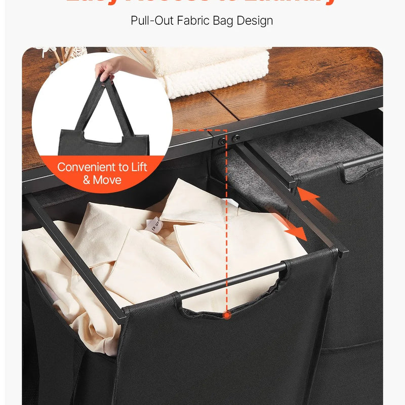 Trīsstāvu veļas šķirotājs ar statīvu, augsts veļas grozs ar plauktiem un atvilktnēm, brīvi stāvošs divdaļīgs statīvs ar 600D Oksfordas auduma maisiem un kāpņu tipa plauktiem netīrajai veļai