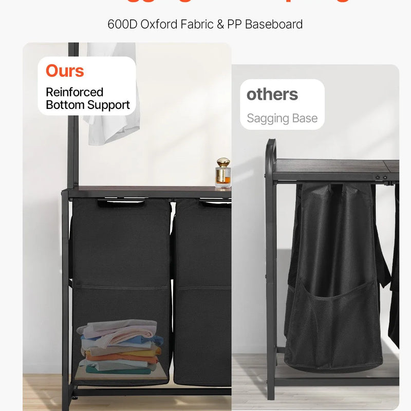 3 līmeņu veļas šķirotājs ar plauktu, 2 nodalījumi, ar atvilktnēm, 600D oksforda auduma maisi, kāpņu tipa plaukti