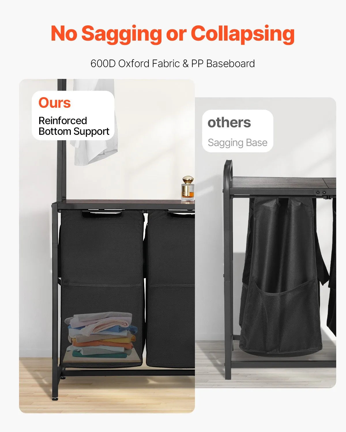 3-Tier Laundry Sorter with Shelf, 2 Compartments, with Drawers, 600D Oxford Fabric Bags, Stair-Type Shelves