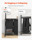 Trīsstāvu veļas šķirotājs ar statīvu, augsts veļas grozs ar plauktiem un atvilktnēm, brīvi stāvošs divdaļīgs statīvs ar 600D Oksfordas auduma maisiem un kāpņu tipa plauktiem netīrajai veļai