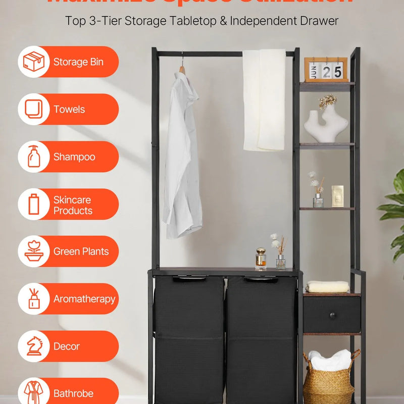 3 līmeņu veļas šķirotājs ar plauktu, 2 nodalījumi, ar atvilktnēm, 600D oksforda auduma maisi, kāpņu tipa plaukti