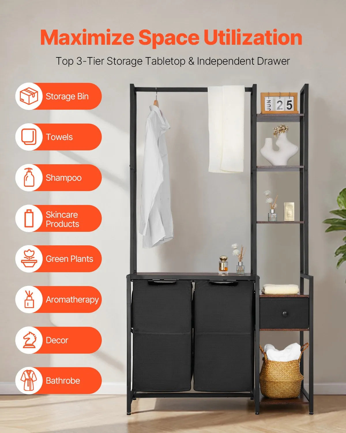 3-Tier Laundry Sorter with Shelf, 2 Compartments, with Drawers, 600D Oxford Fabric Bags, Stair-Type Shelves