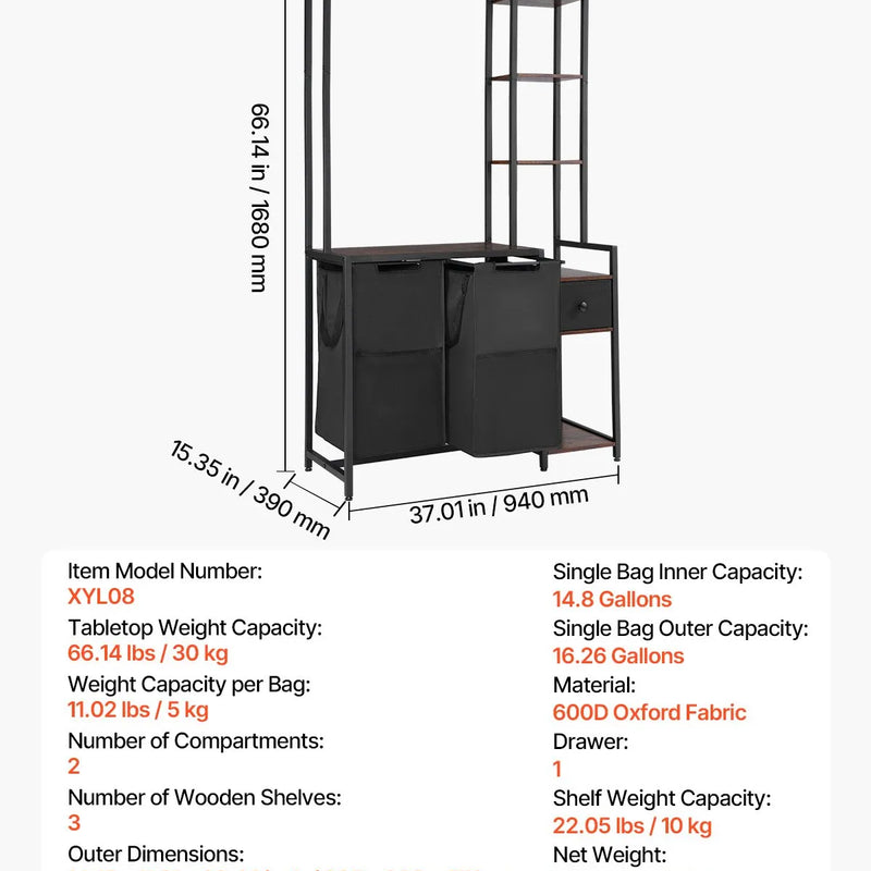 3 līmeņu veļas šķirotājs ar plauktu, 2 nodalījumi, ar atvilktnēm, 600D oksforda auduma maisi, kāpņu tipa plaukti