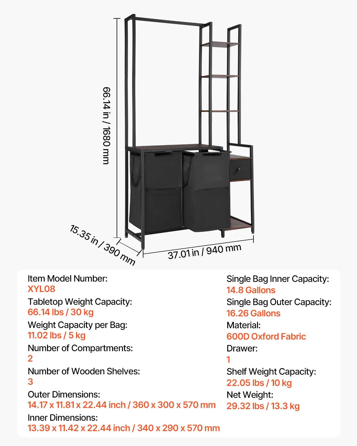 Three-Tier Laundry Sorter with Stand, Tall Laundry Basket with Shelves and Drawers, Free-Standing Two-Part Frame with 600D Oxford Fabric Bags and Step-Type Shelves for Dirty Laundry