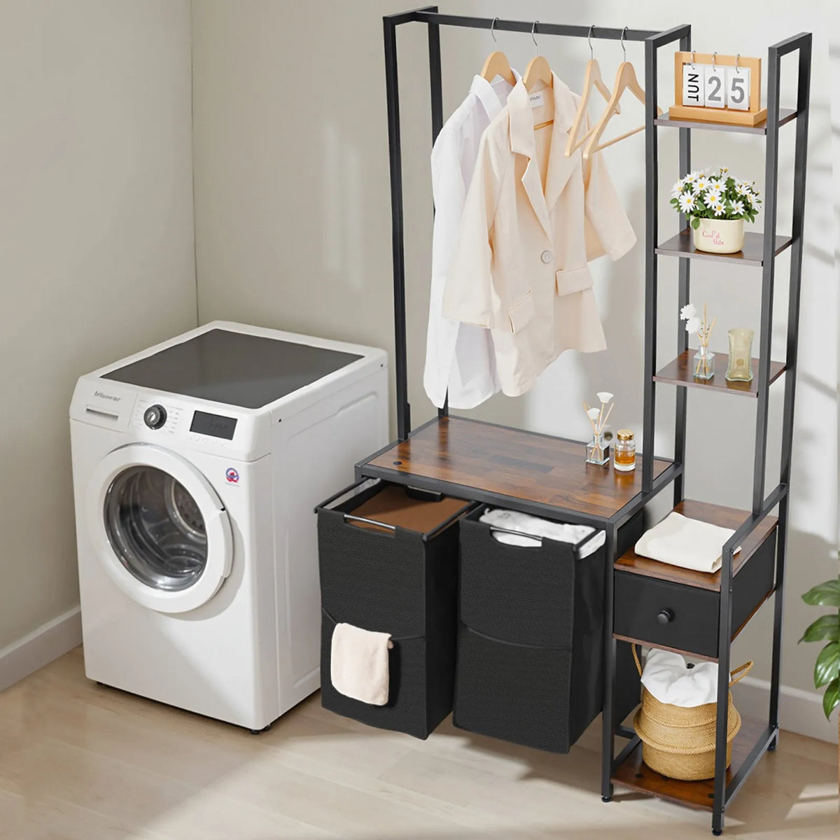 Three-Tier Laundry Sorter with Stand, Tall Laundry Basket with Shelves and Drawers, Free-Standing Two-Part Frame with 600D Oxford Fabric Bags and Step-Type Shelves for Dirty Laundry