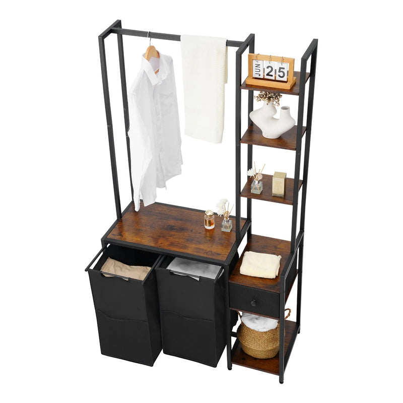 Trīsstāvu veļas šķirotājs ar statīvu, augsts veļas grozs ar plauktiem un atvilktnēm, brīvi stāvošs divdaļīgs statīvs ar 600D Oksfordas auduma maisiem un kāpņu tipa plauktiem netīrajai veļai