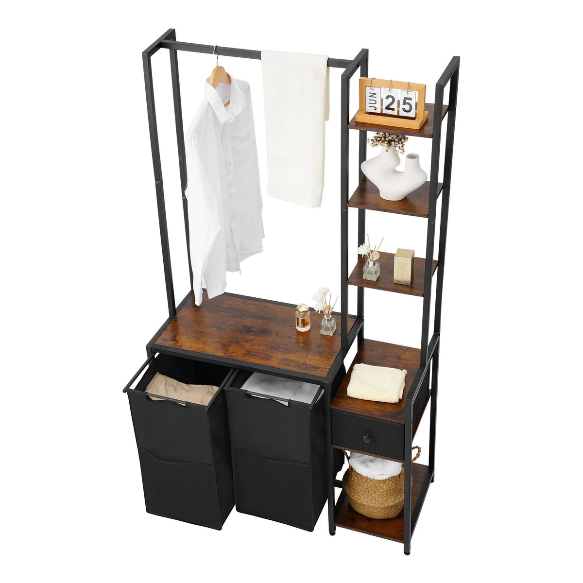 Three-Tier Laundry Sorter with Stand, Tall Laundry Basket with Shelves and Drawers, Free-Standing Two-Part Frame with 600D Oxford Fabric Bags and Step-Type Shelves for Dirty Laundry