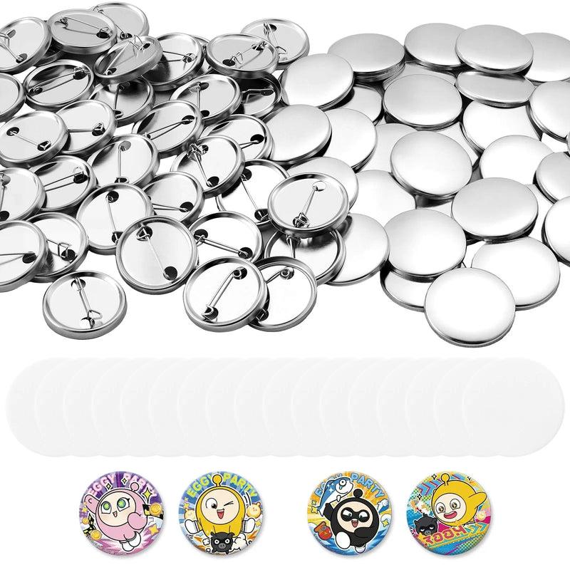 VEVOR nozīmīšu izgatavošanas komplekts, 200 komplekti, 32 mm, ar metāla aizmugurēm, metāla korpusiem, caurspīdīgām plēvēm un papīra sagatavēm