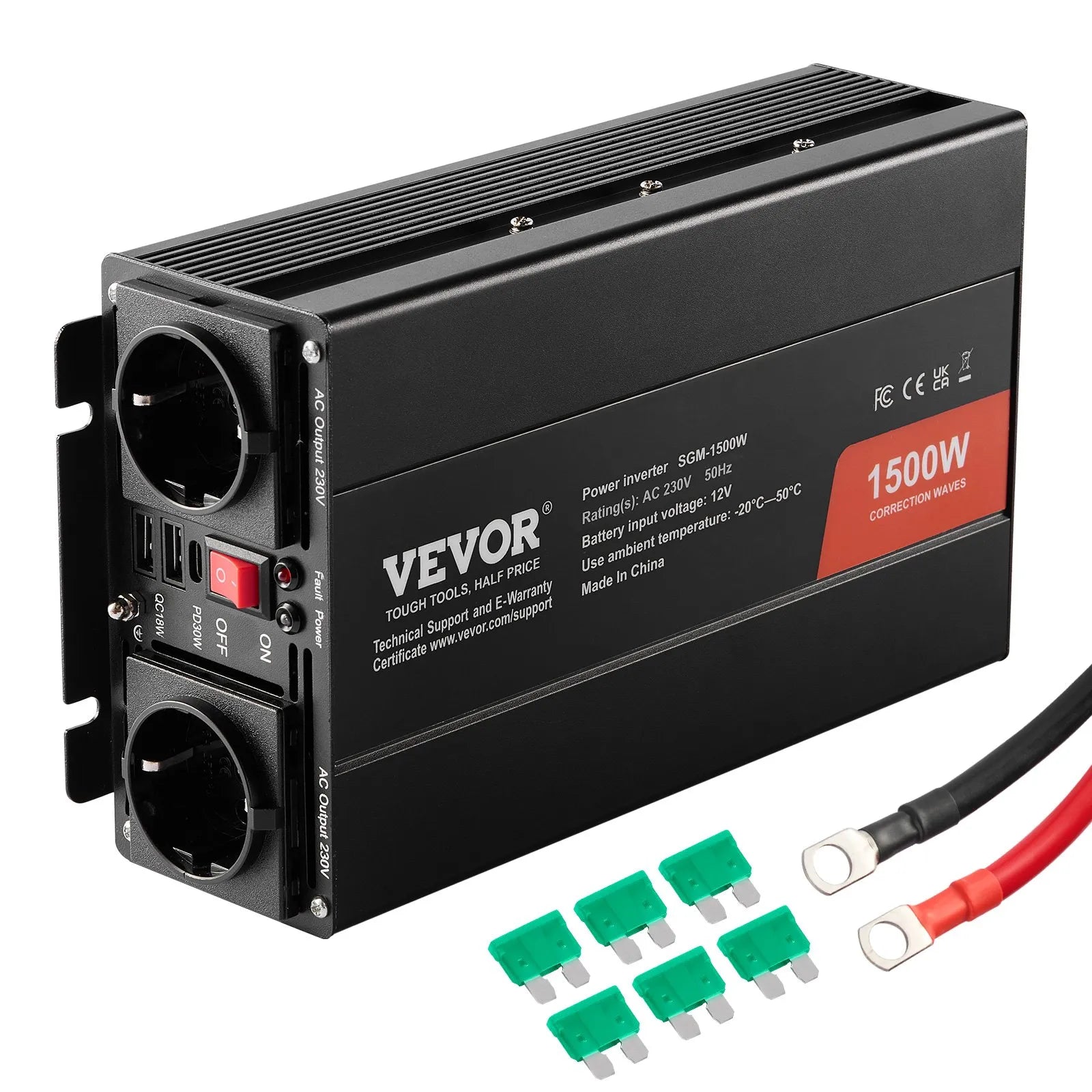 VEVOR 1500 W modificētas sinusoidālās strāvas invertors 12 V DC–230 V