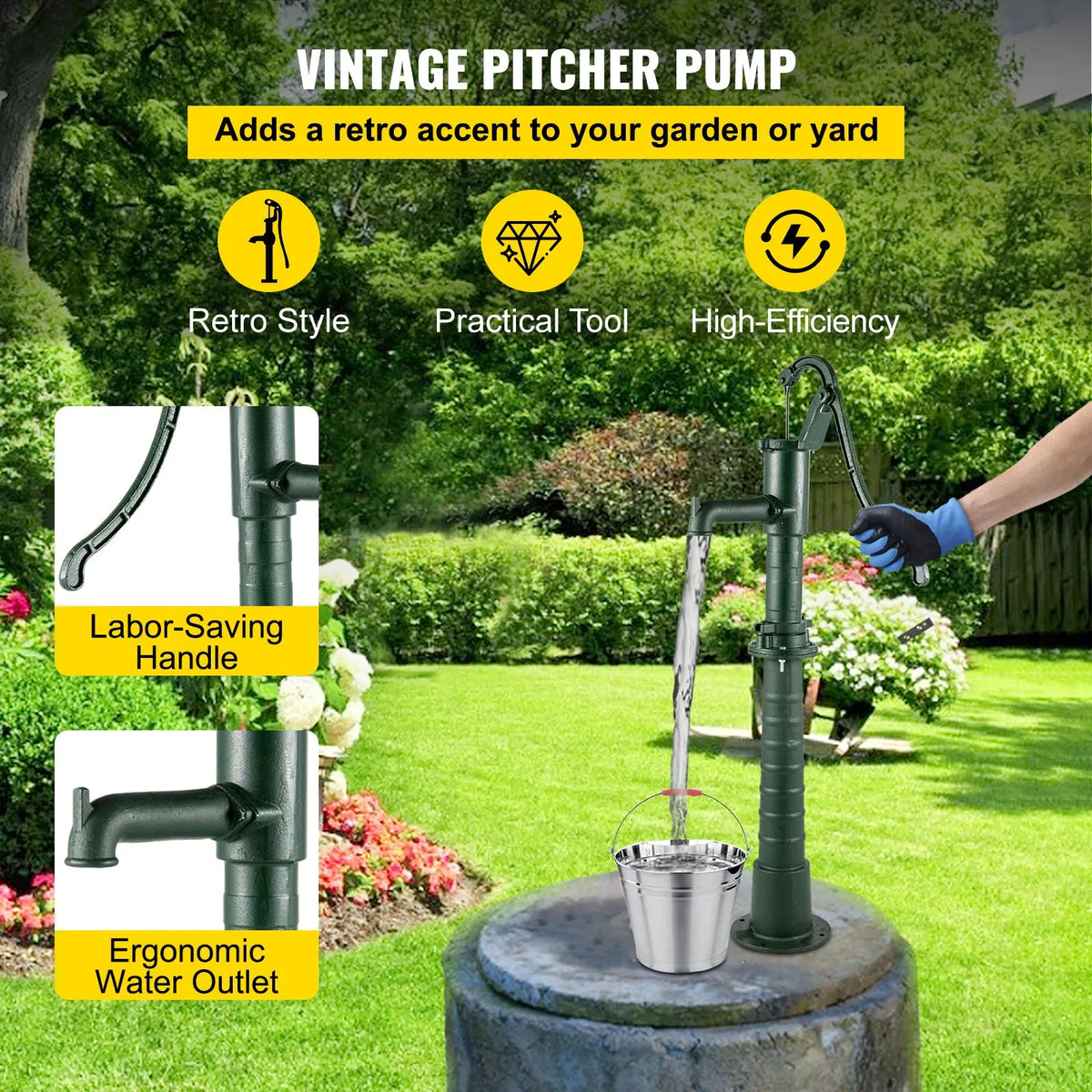 VEVOR Hand Well Water Pump with Cast Iron Stand, Pump Dimensions 40 × 23.9 × 131 cm, Stand Height 66 cm with Pre-drilled 12.7 mm Mounting Holes, Easy Installation, Suitable for Yard, Garden and Farm Watering, Green