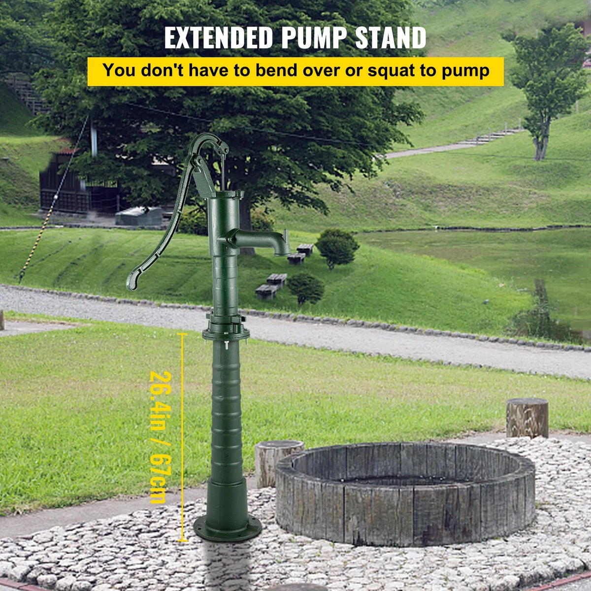 VEVOR Hand Well Water Pump with Cast Iron Stand, Pump Dimensions 40 × 23.9 × 131 cm, Stand Height 66 cm with Pre-drilled 12.7 mm Mounting Holes, Easy Installation, Suitable for Yard, Garden and Farm Watering, Green