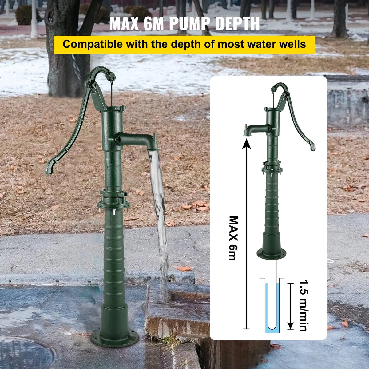 VEVOR Hand Well Water Pump with Cast Iron Stand, Pump Dimensions 40 × 23.9 × 131 cm, Stand Height 66 cm with Pre-drilled 12.7 mm Mounting Holes, Easy Installation, Suitable for Yard, Garden and Farm Watering, Green