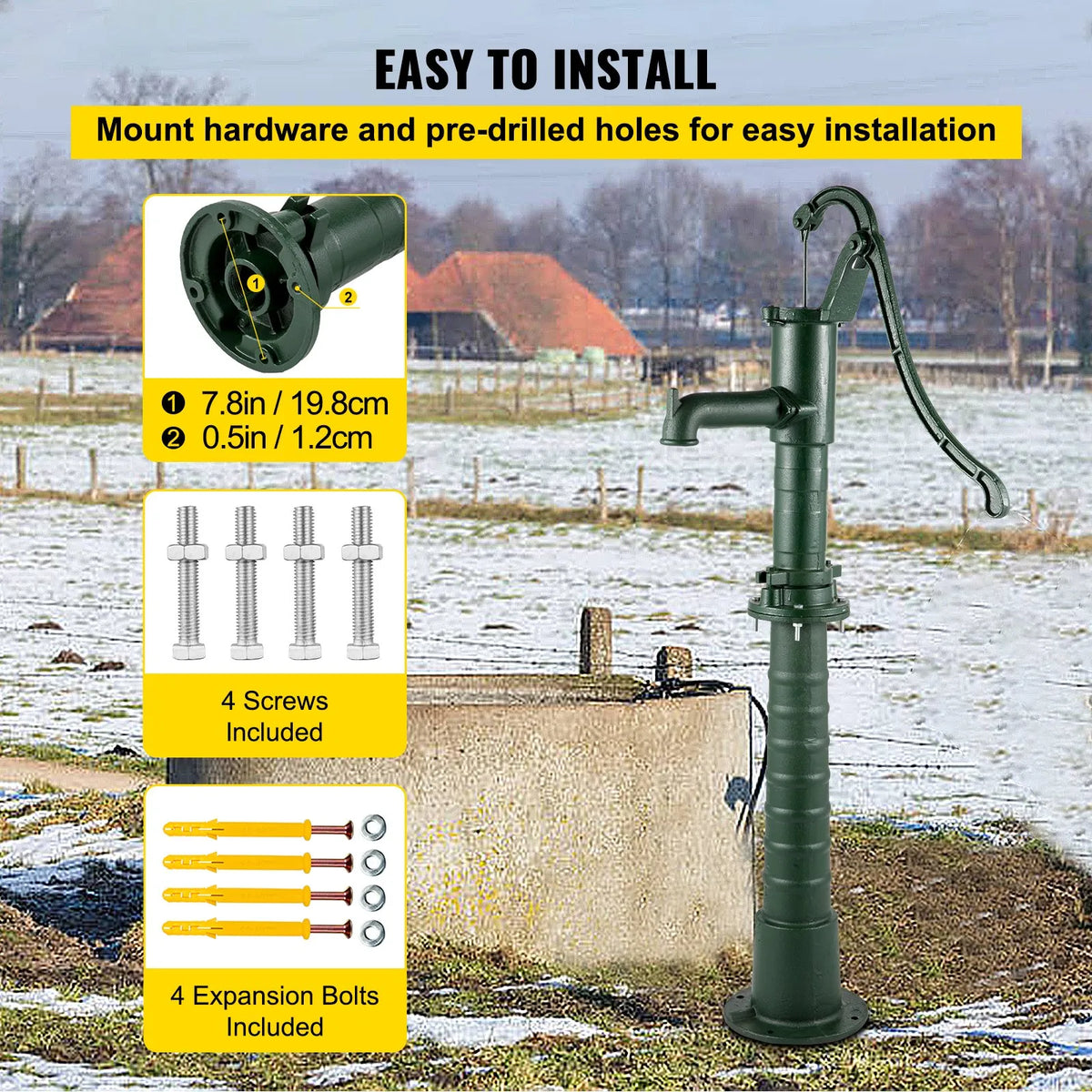 VEVOR Hand Well Water Pump with Cast Iron Stand, Pump Dimensions 40 × 23.9 × 131 cm, Stand Height 66 cm with Pre-drilled 12.7 mm Mounting Holes, Easy Installation, Suitable for Yard, Garden and Farm Watering, Green