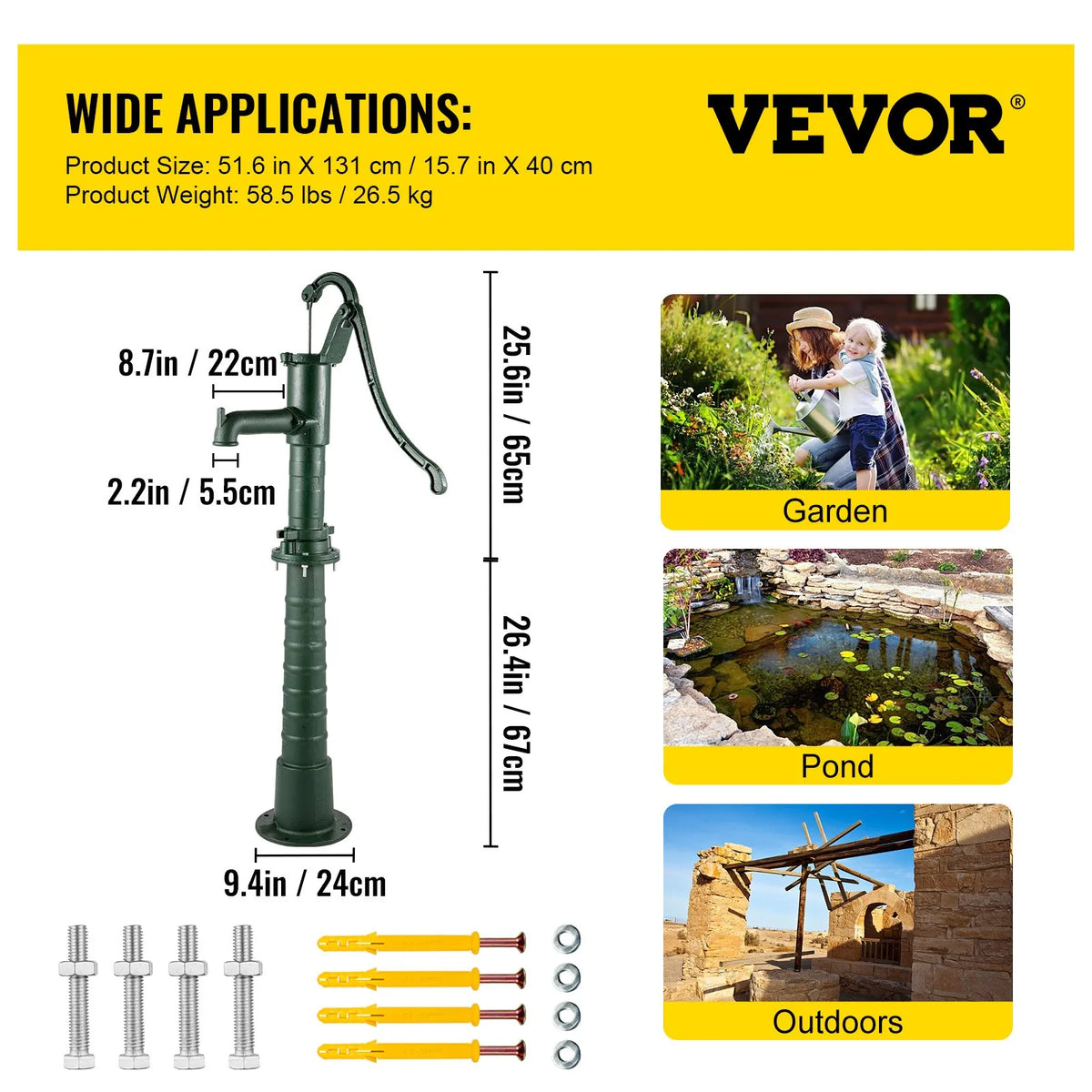 VEVOR Hand Well Water Pump with Cast Iron Stand, Pump Dimensions 40 × 23.9 × 131 cm, Stand Height 66 cm with Pre-drilled 12.7 mm Mounting Holes, Easy Installation, Suitable for Yard, Garden and Farm Watering, Green