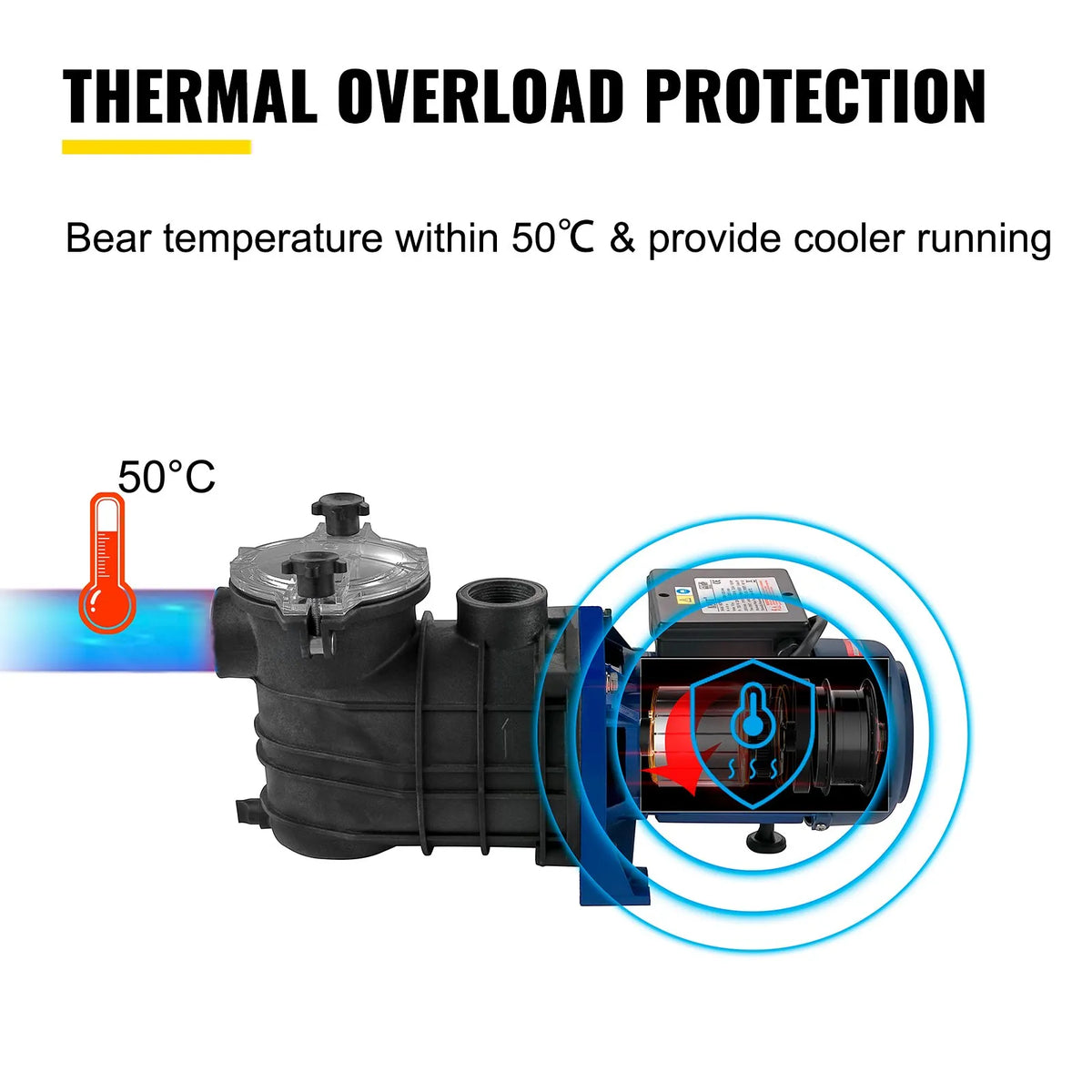 VEVOR Pool Pump 750 W, Flow up to 15,000 l/h, for Above-Ground and In-Ground Swimming Pools, with Strainer Basket, 50 mm Inlet/Outlet, Pool Filter Pump with 2 Connection Hoses