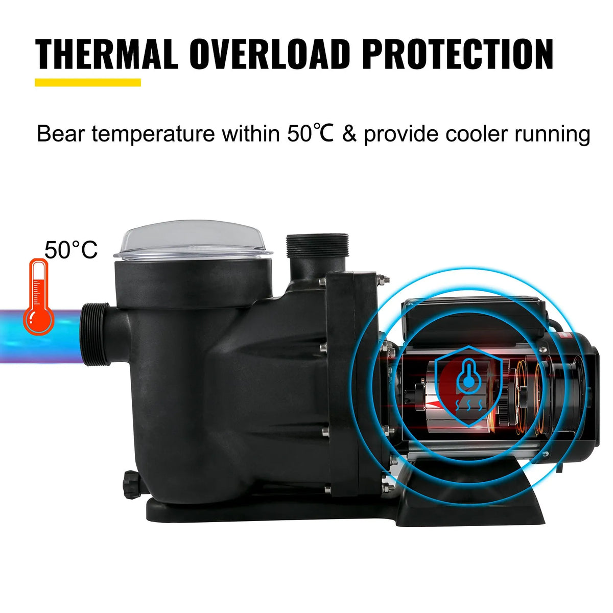 VEVOR Pool Pump, 750 W, 19,200 l/h, Swimming Pool Pump for Above-Ground and In-Ground Pools with Filter Basket, Ø50 mm Inlet/Outlet Connections and 2 Connection Hoses, for Clean Pool Water