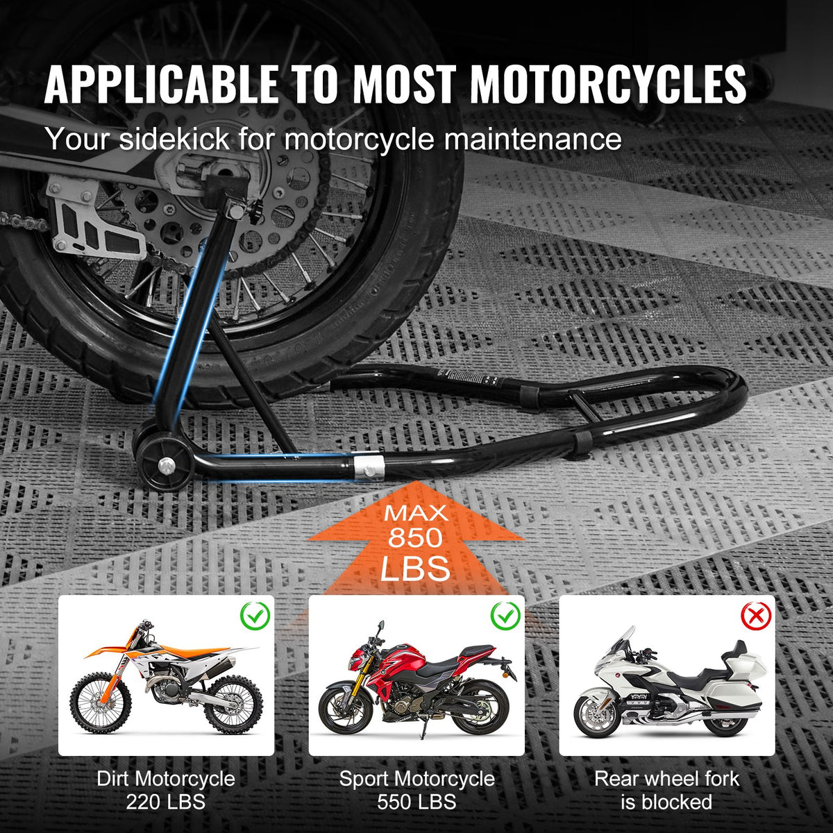 VEVOR Motorcycle Rear Wheel Lift with U and L-shaped Forks, 390 kg, Black