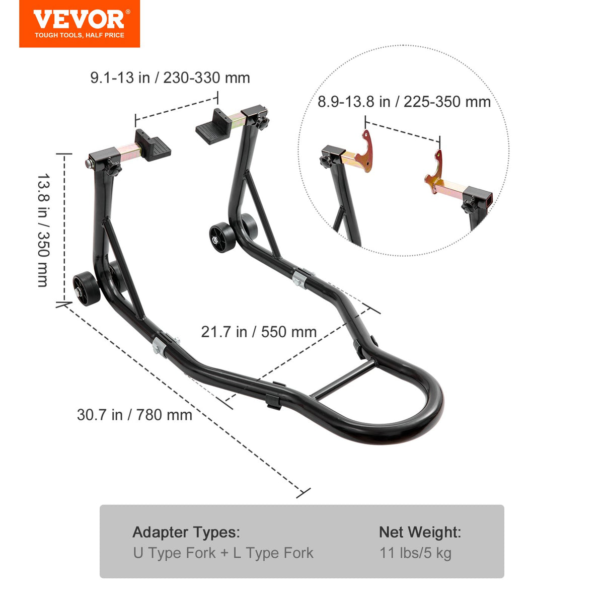 VEVOR Motorcycle Rear Wheel Lift with U and L-shaped Forks, 390 kg, Black
