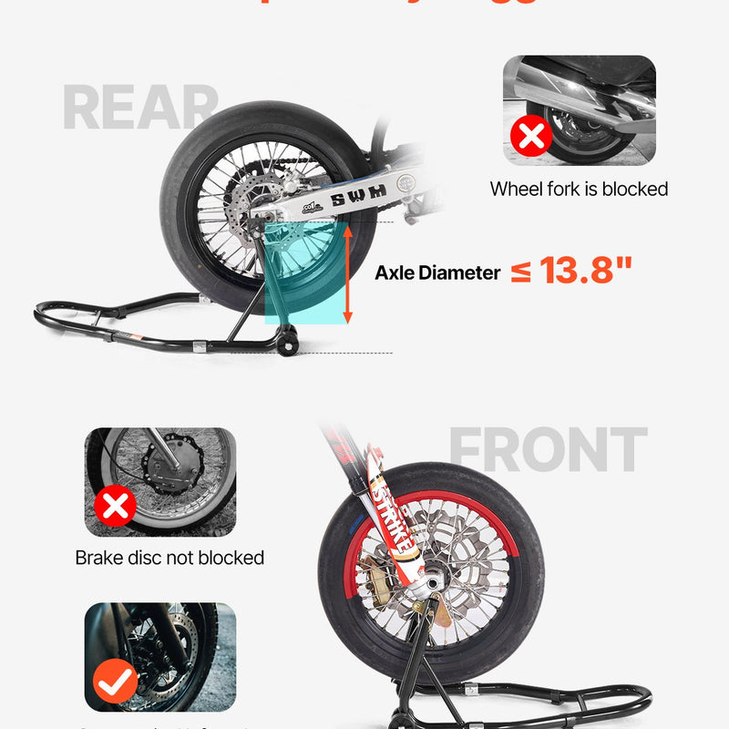 VEVOR motocikla priekšējais un aizmugurējais pacēlājs, 500 kg, regulējams, ar ritentiņiem, piemērots 165–351 mm riteņu asīm, tērauds, sarkans