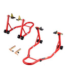 VEVOR motocikla priekšējais un aizmugurējais pacēlājs - 850 kg slodzes jauda, piemērots ķepiņu tipa (spool) un šūpoles tipa (swingarm) stiprinājumiem, sarkanā krāsā