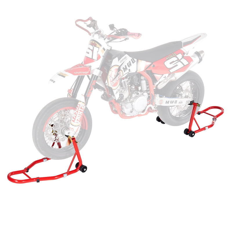 VEVOR motocikla priekšējais un aizmugurējais pacēlājs – 850 kg slodzes jauda, piemērots ķepiņu tipa (spool) un šūpoles tipa (swingarm) stiprinājumiem, sarkanā krāsā