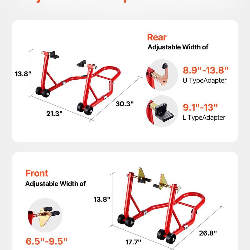 VEVOR motocikla priekšējais un aizmugurējais pacēlājs - 850 kg slodzes jauda, piemērots ķepiņu tipa (spool) un šūpoles tipa (swingarm) stiprinājumiem, sarkanā krāsā