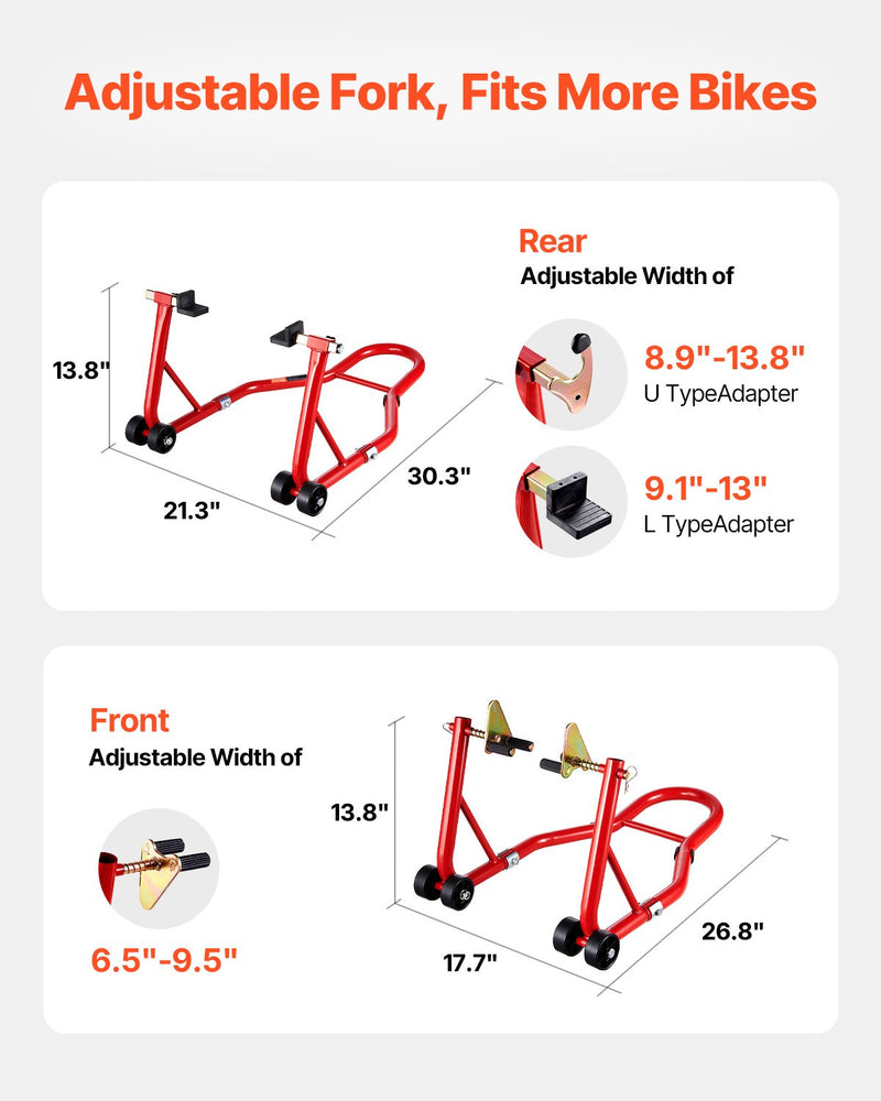 VEVOR motocikla priekšējais un aizmugurējais pacēlājs – 850 kg slodzes jauda, piemērots ķepiņu tipa (spool) un šūpoles tipa (swingarm) stiprinājumiem, sarkanā krāsā