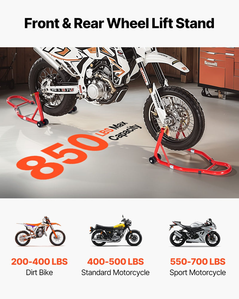 VEVOR motocikla priekšējais un aizmugurējais pacēlājs – 850 kg slodzes jauda, piemērots ķepiņu tipa (spool) un šūpoles tipa (swingarm) stiprinājumiem, sarkanā krāsā