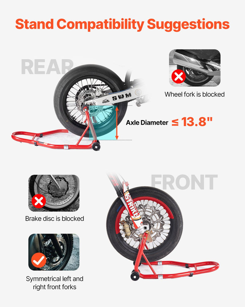 VEVOR motocikla priekšējais un aizmugurējais pacēlājs – 850 kg slodzes jauda, piemērots ķepiņu tipa (spool) un šūpoles tipa (swingarm) stiprinājumiem, sarkanā krāsā