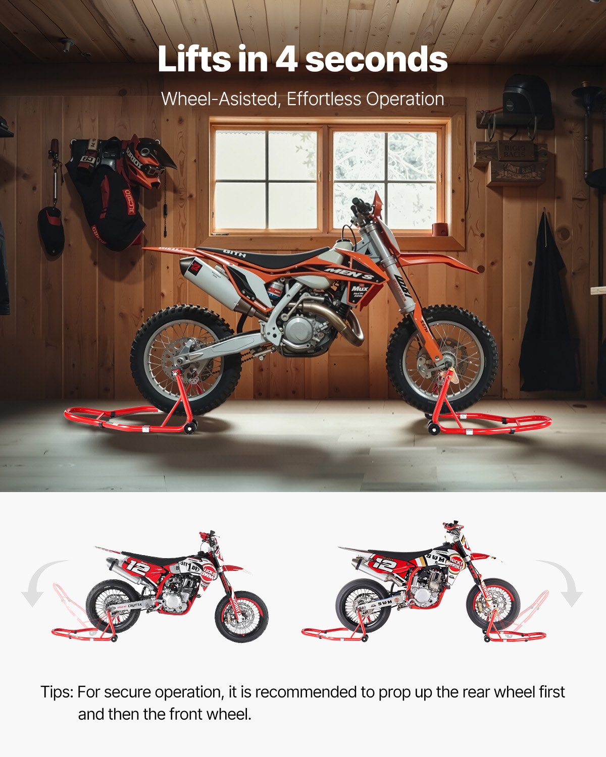 VEVOR Motorcycle Front and Rear Lift – 850 kg Load Capacity, Suitable for Spool and Swingarm Attachments, Red
